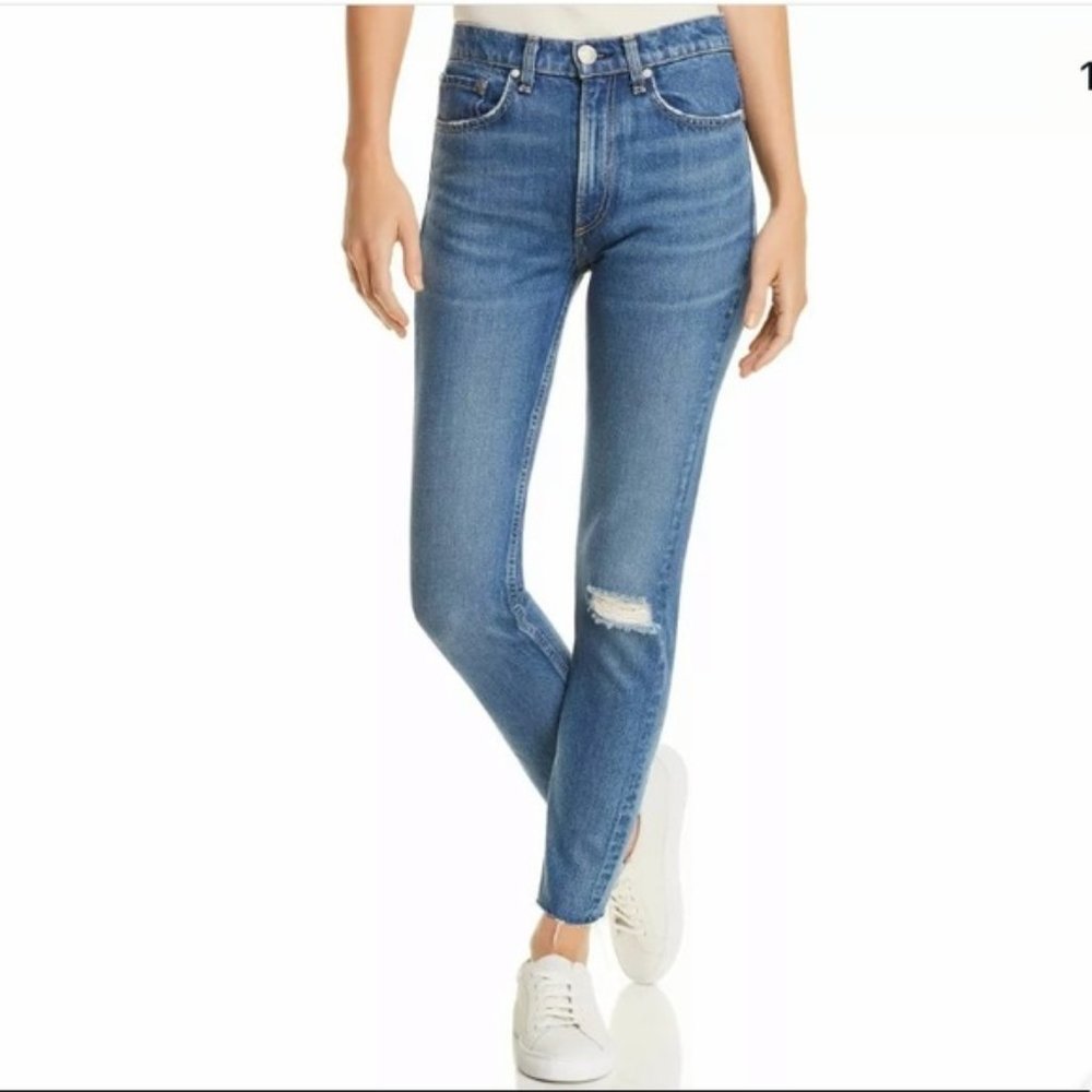 NWT Rag & Bone Pamela Highrise Ankle Blue Denim Distressed Raw Hem SKINNY 25